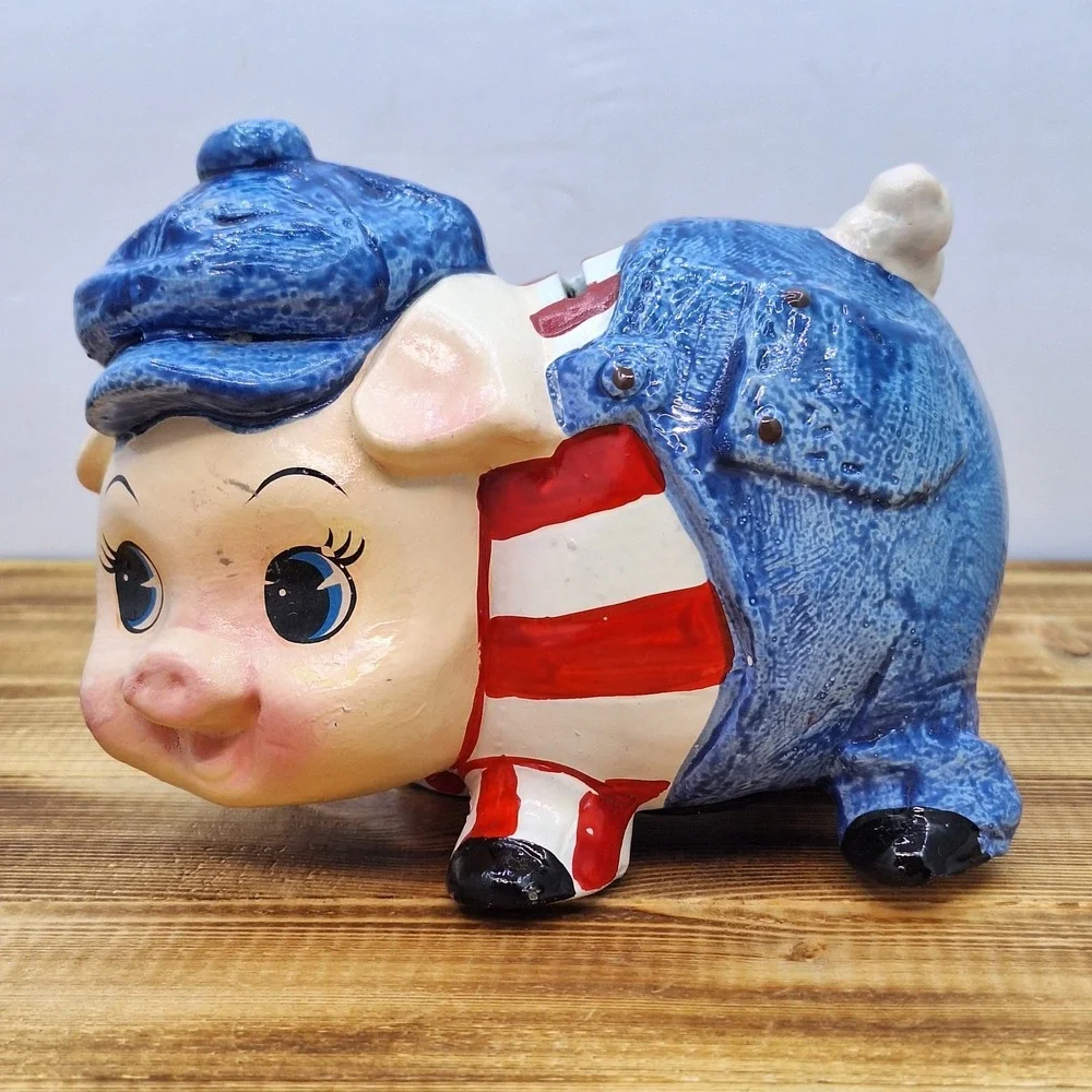 Ceramic‎ Pig Wearing Pinstripes Overalls Coin Piggy Bank Vintage Hand Painted